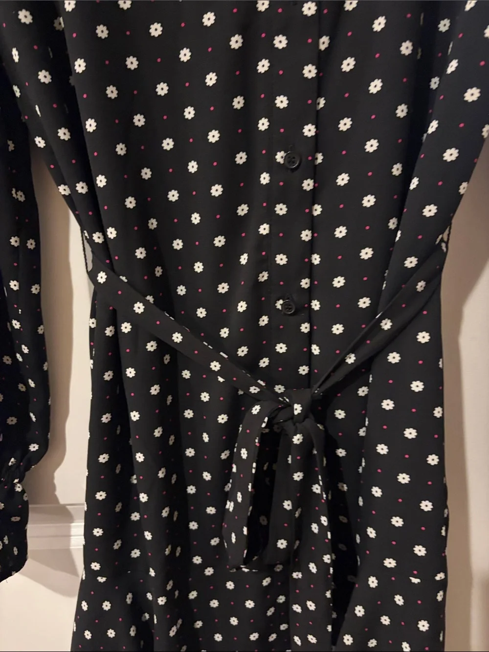 CeCe Black and White Polka Dot Long Sleeve Tie-Waist Dress